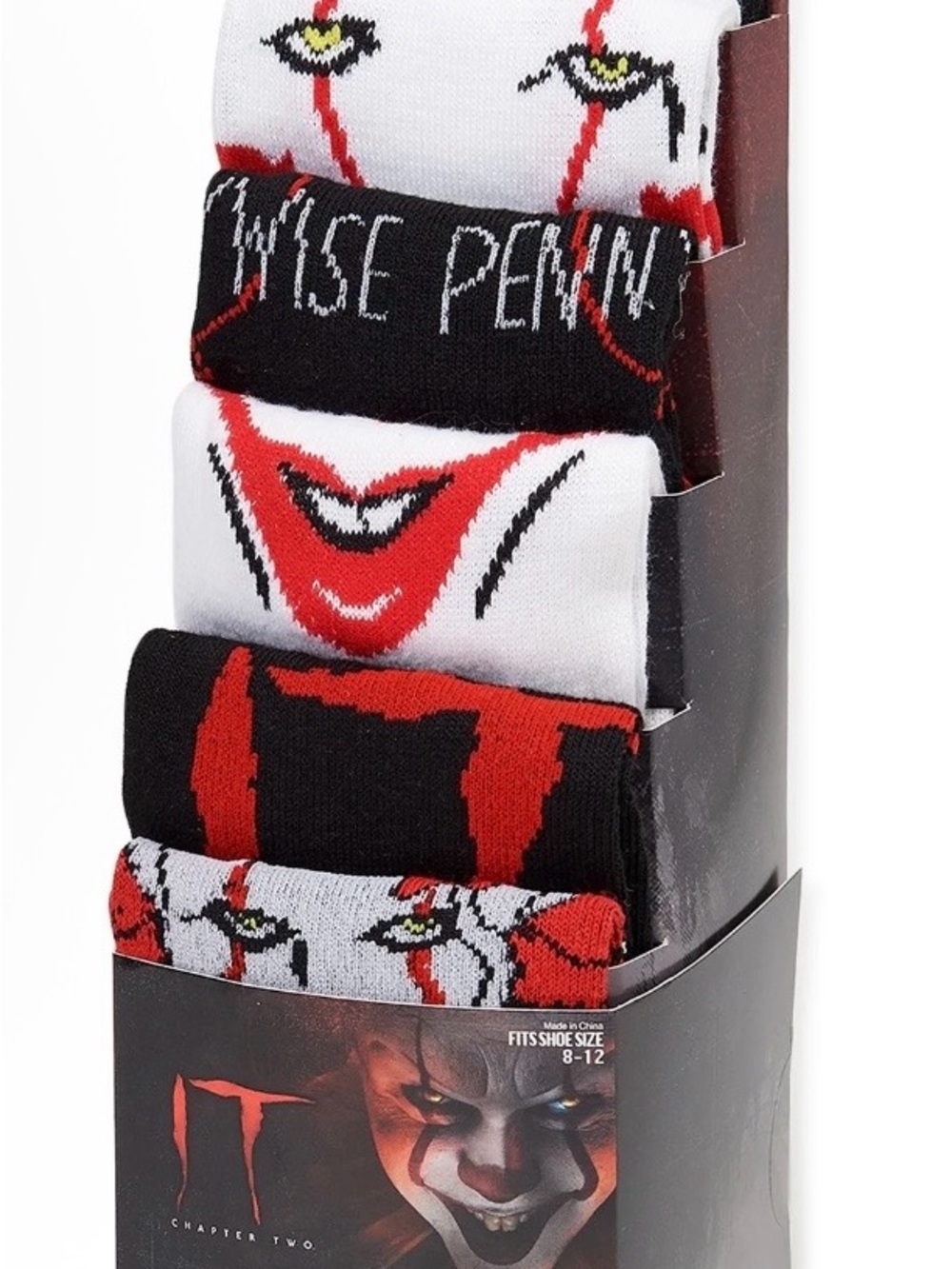 IT Horror Graphic 6 pack Crew Socks - Red, Black & White